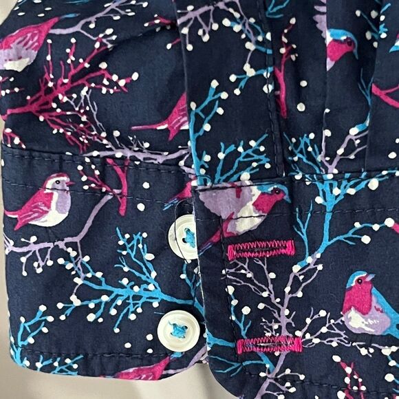 Talbots Festive Cardinals Navy Purple &Pink Bird Print Blouse Striped Cuffs XLP - Picture 4 of 8